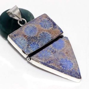 Fossil Coral 925 Silver Plated Long Gemstone Southwestern Boho Pendant 2.6"